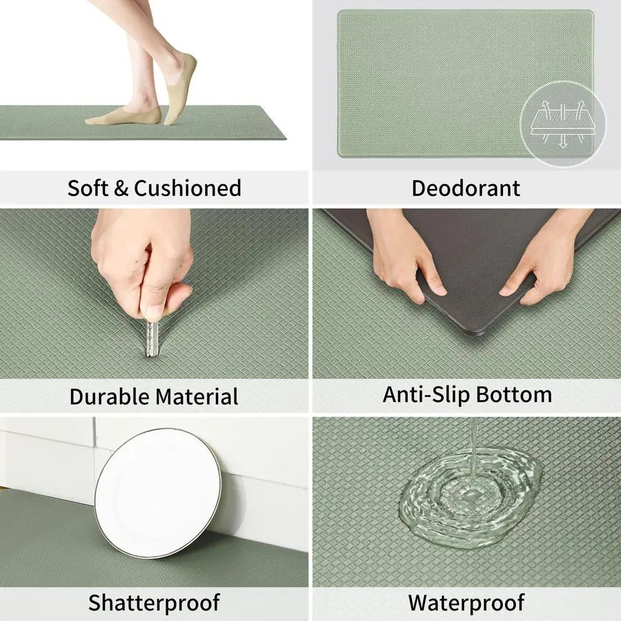 Set of 2 Cushioned Anti Fatigue Kitchen Floor Mats.17x29 17x59, Light Green. Your Legs and Feet Will Thank You !