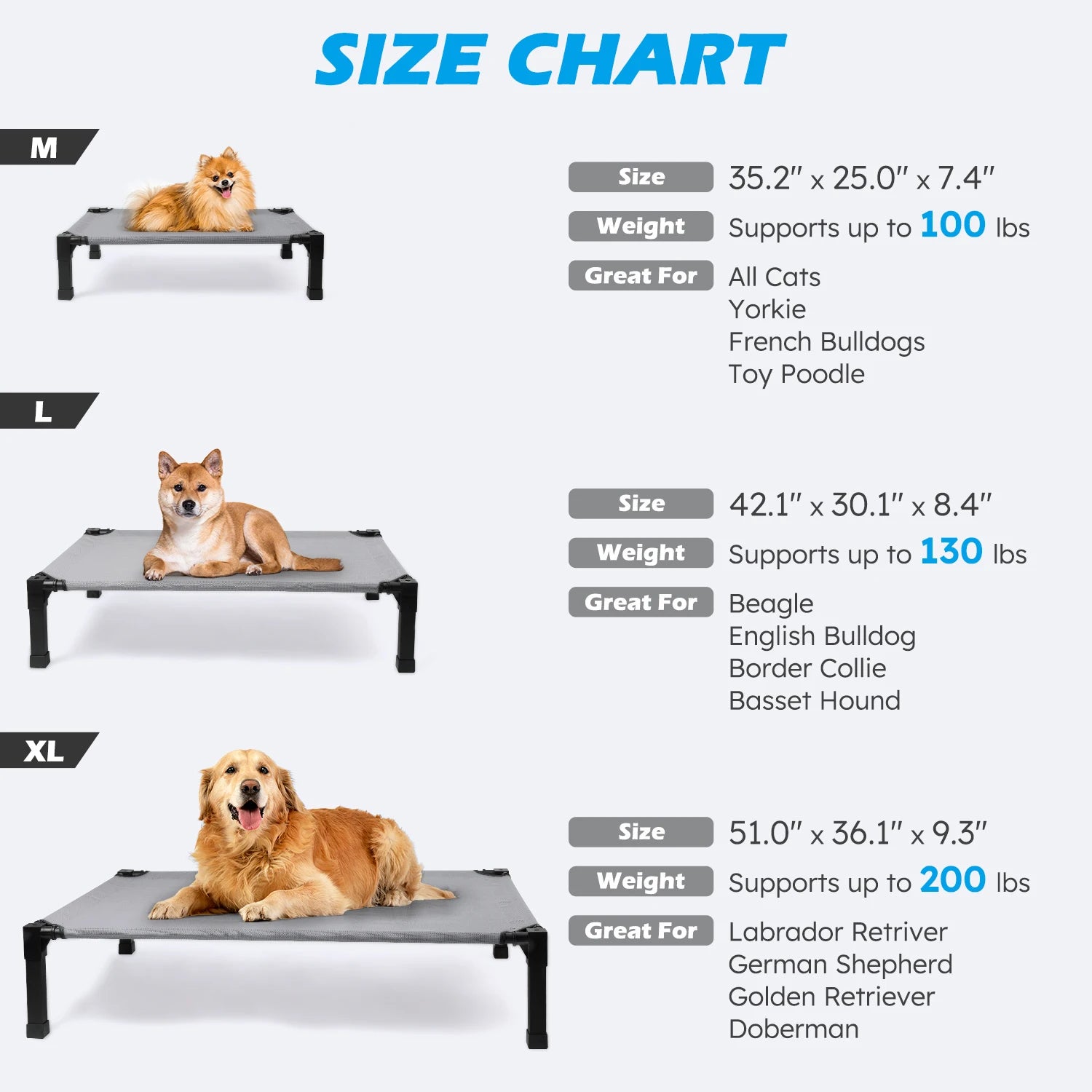 , Cooling Raised Pet Cot Bed with Chew Proof Washable Breathable Mesh and Metal Frame, Portable. Multiple Colors and Sizes to choose from.