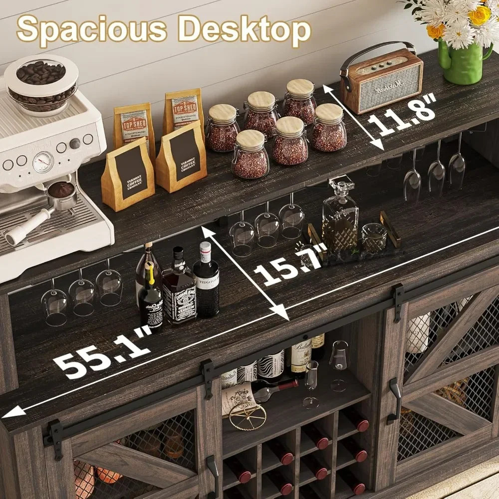 Farmhouse Style Coffee Bar/Wine Bar with LED Lighting and Sliding Barn Door. This is a Great Piece to Bring a Little Farm Charm to Your Home. Two Finishes to Choose From.