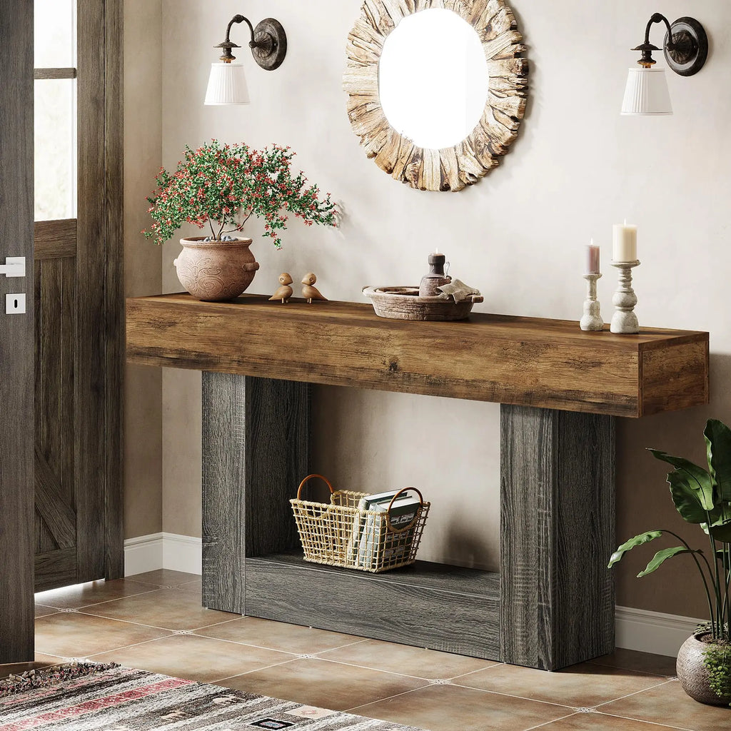 Modern  Farmhouse 2-Tier Entryway Table with U-Shaped Base, Narrow Long Wood Sofa Table. 63 inches tall.. Uniquely Stunning Design. Several finishes to choose from.