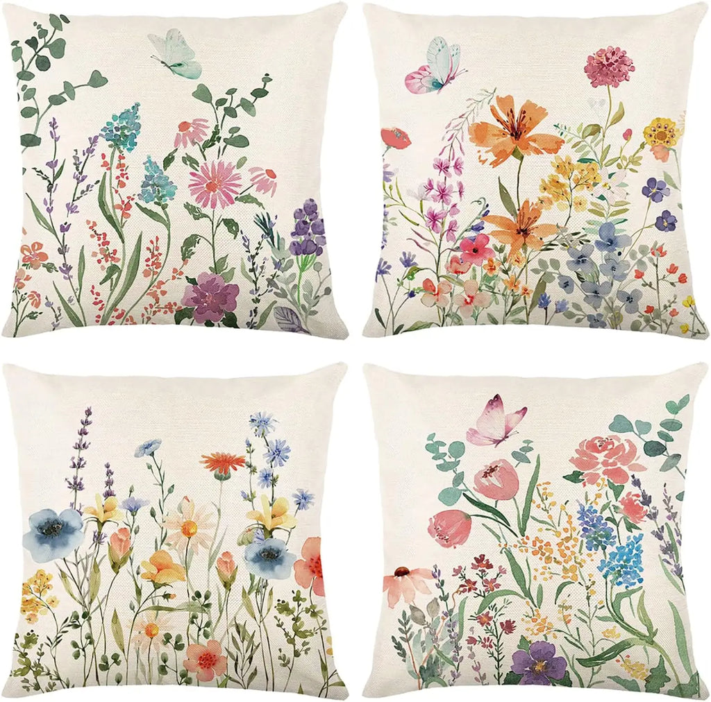 Spring Farmhouse Pillow Covers 18x18 Inch, Outdoor Garden Linen Cushion Cases for Home Decor