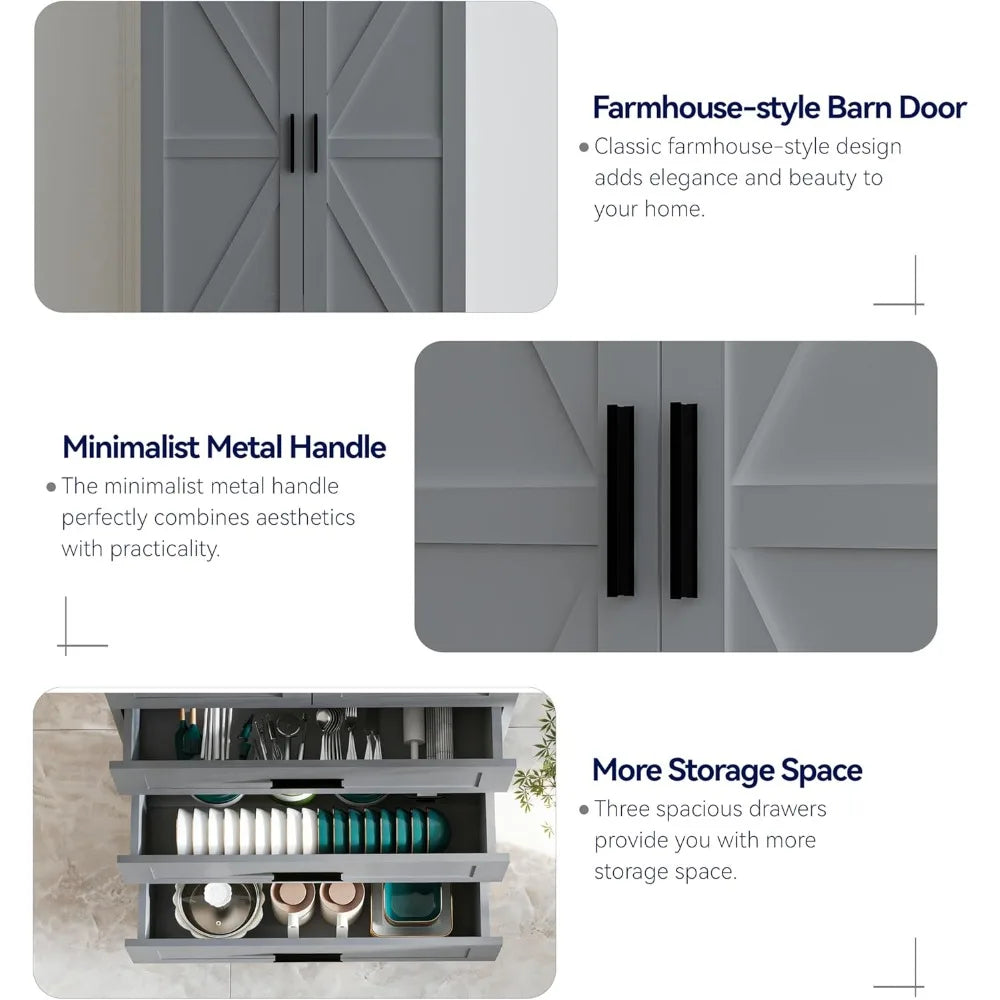Farmhouse Style LED-Illuminated Kitchen Pantry Cabinet with 3 Drawers. Free Standing Pantry Storage, Barn Door Design, Adjustable Shelves