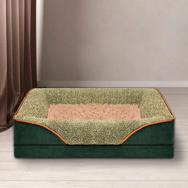 An oversized dog bed comfortable and soft. Washable liner. Multiple Sizes. and color combinations. Both Functional and Attractive.