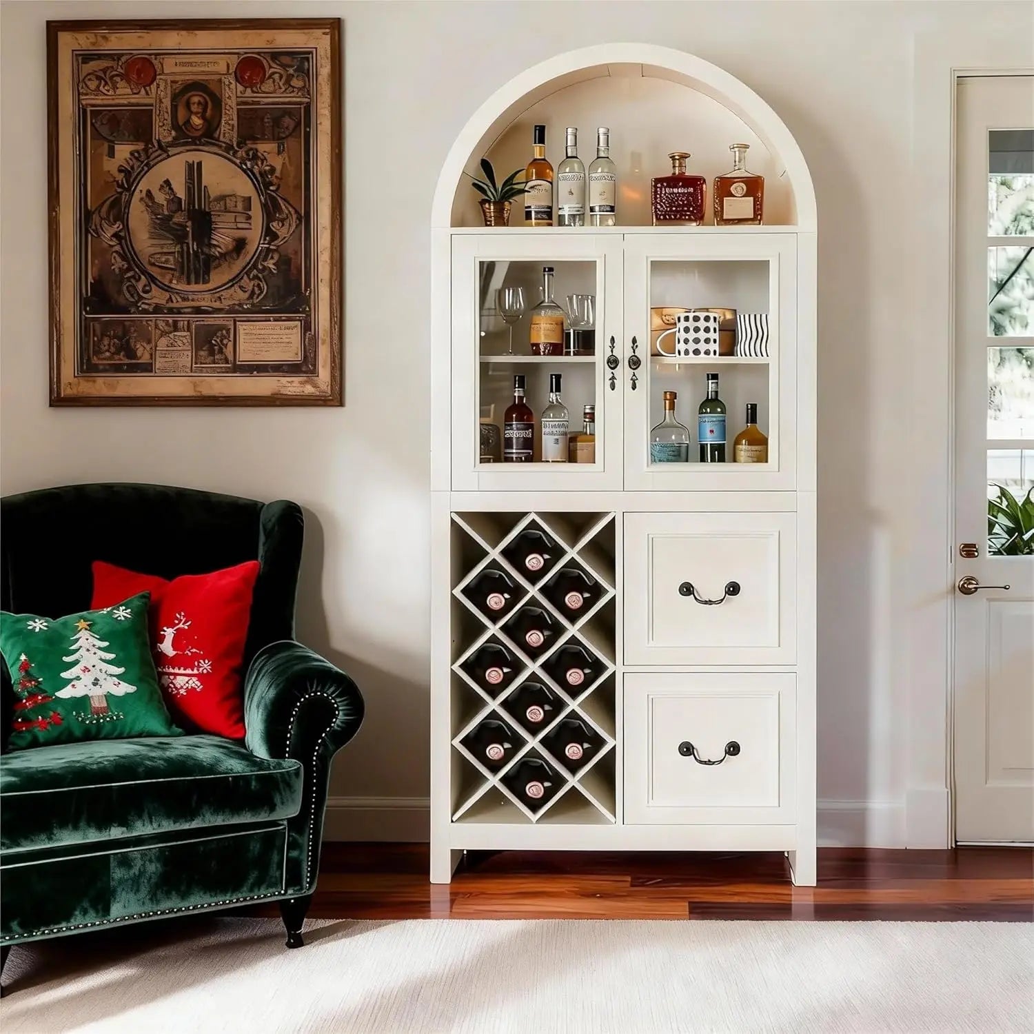 Farmhouse Style Arched Bar Cabinet with Glass Doors, 71" Tall Wine Storage Cabinet with Stemware Rack, Wine Rack and Storage.  Both Functional and Beautiful.
