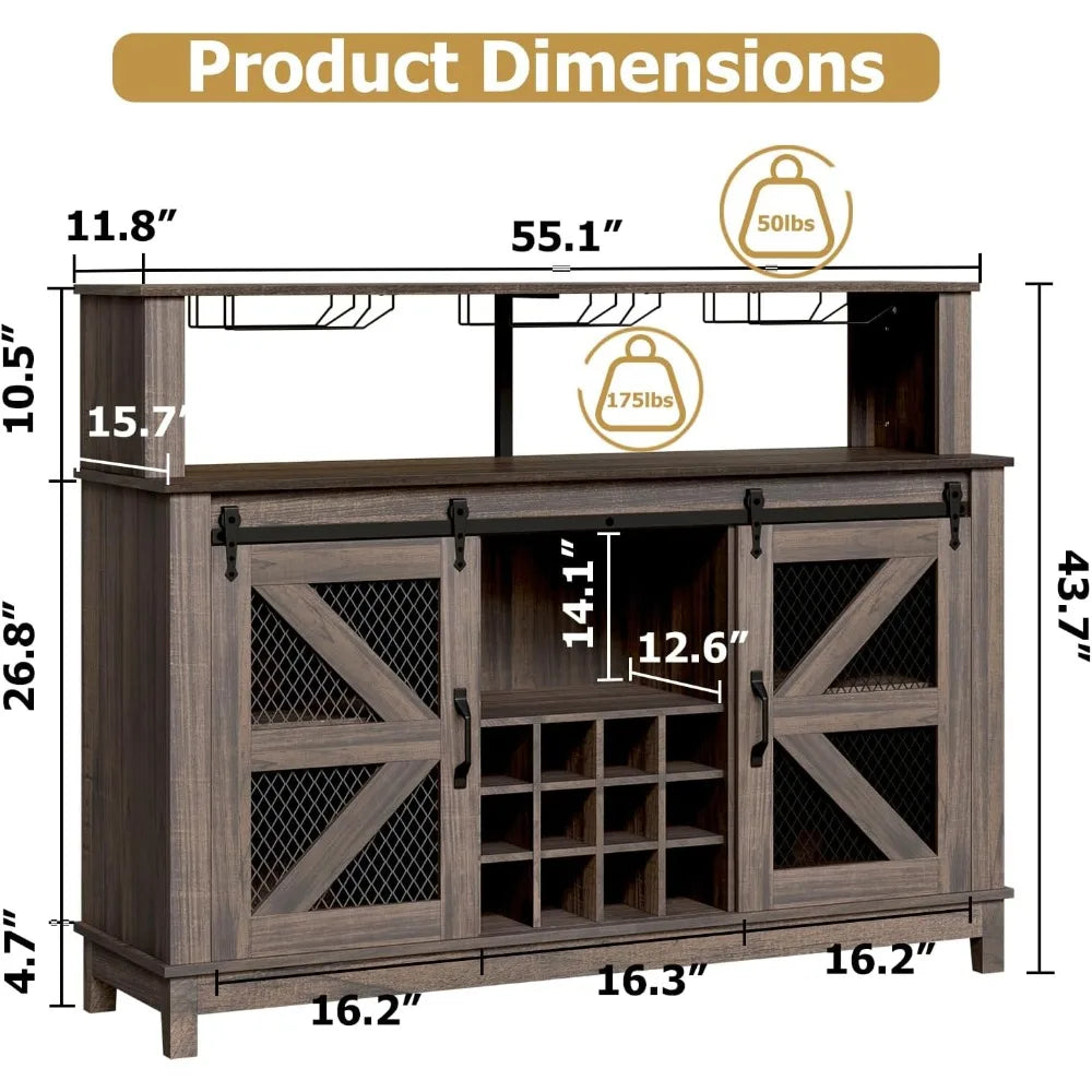Farmhouse Style Coffee Bar/Wine Bar with LED Lighting and Sliding Barn Door. This is a Great Piece to Bring a Little Farm Charm to Your Home. Two Finishes to Choose From.