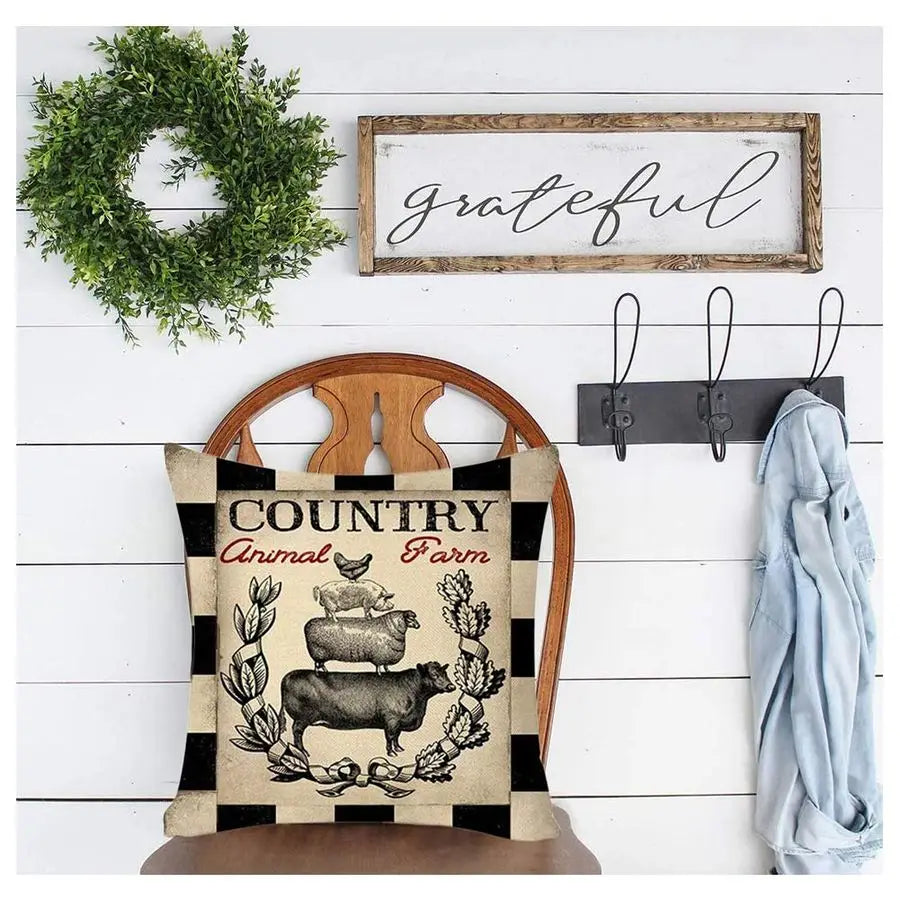 Rustic Farmhouse Pillow Covers Farm Animal Throw Pillow Case Bordered in a Buffalo Plaid. Great as an Accent in any Room.
