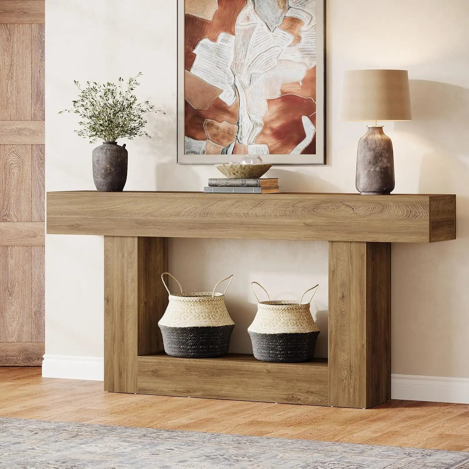 Modern  Farmhouse 2-Tier Entryway Table with U-Shaped Base, Narrow Long Wood Sofa Table. 63 inches tall.. Uniquely Stunning Design. Several finishes to choose from.