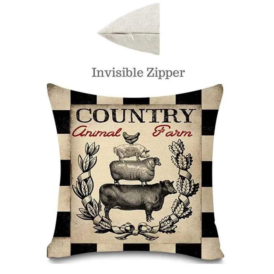 Rustic Farmhouse Pillow Covers Farm Animal Throw Pillow Case Bordered in a Buffalo Plaid. Great as an Accent in any Room.