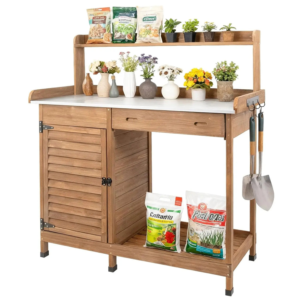 Outdoor Potting Bench Table, Wooden Weatherproof Garden Work Station with Sliding Drawer, Metal Table Top.