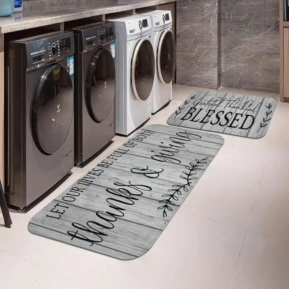 3-Piece Kitchen Rug Set, Gray Wood Grain Print with Gratitude Script, Washable Polyester