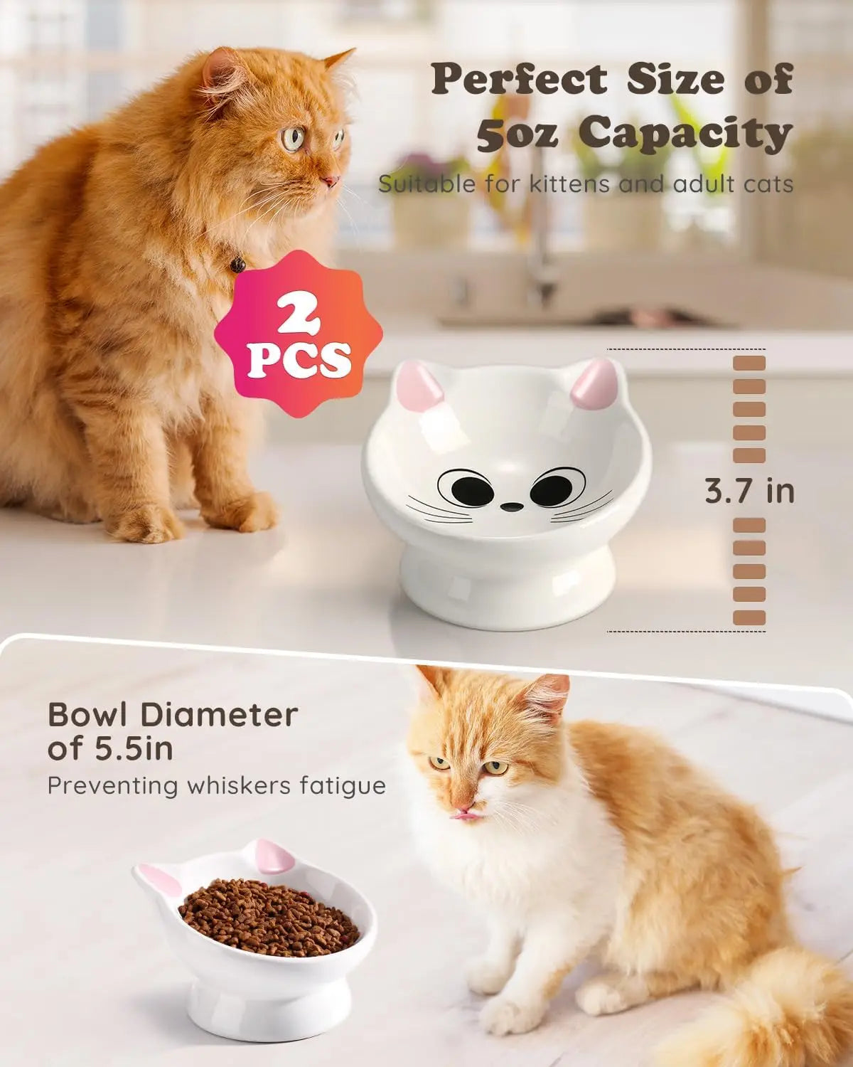 2-Piece Ceramic Raised Cat Food Bowl with 15° Tilt for Spine Health and Anti-Reflux Purposes. Pretty Darn Cute.