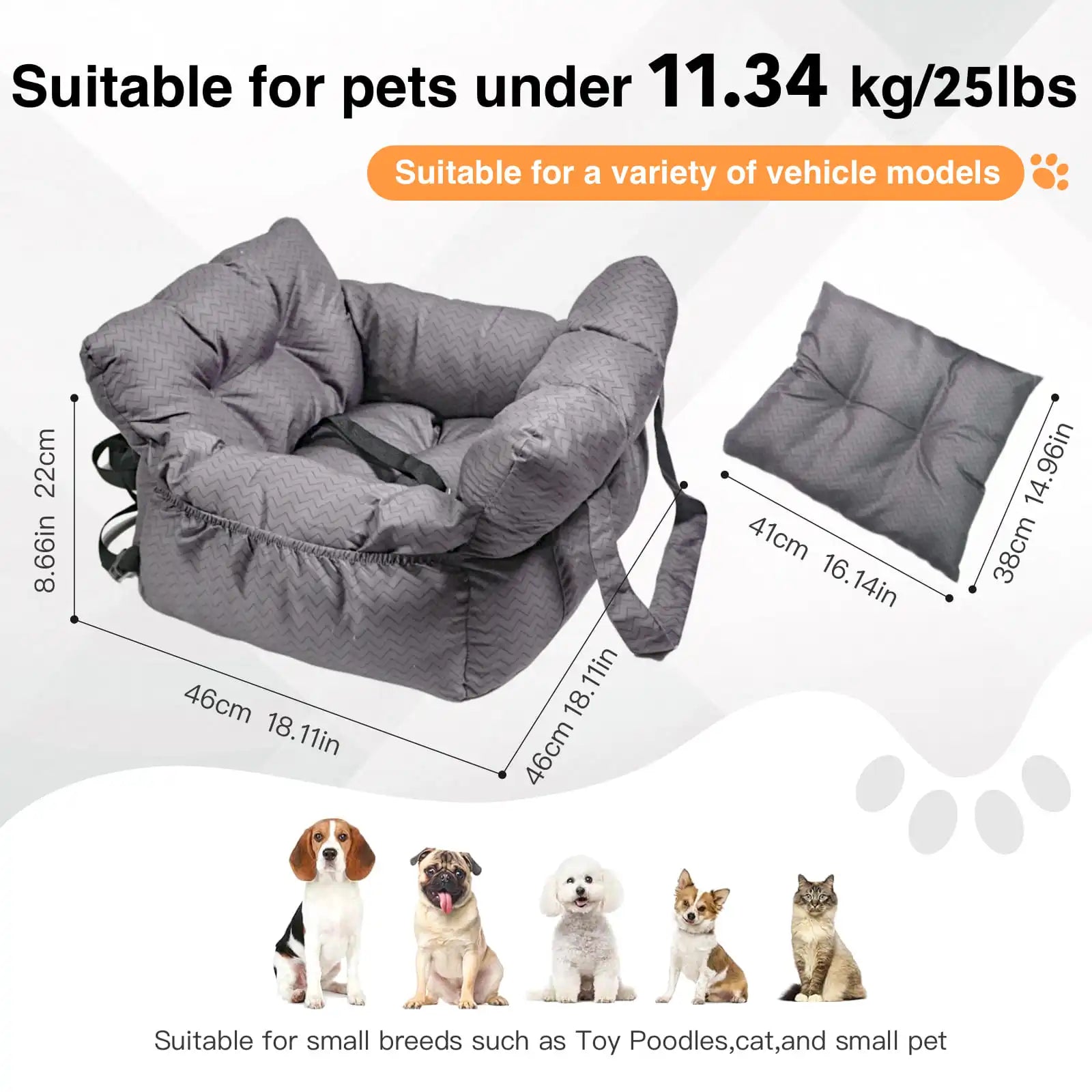 2-in-1 Dog Car Seat Carrier Bag - Detachable with Handles and Safety Belt, Travel Dog Booster Seat for Small Medium Dogs Cats. Multiple Colors.