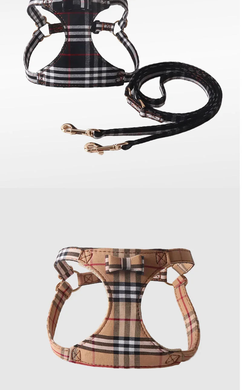 Dog Harness Leash Set for Small and Medium Dogs Adjustable Plaid Bow Vest Double Hook Leash Pet .Your Fur Babies will be Walking in Style.
