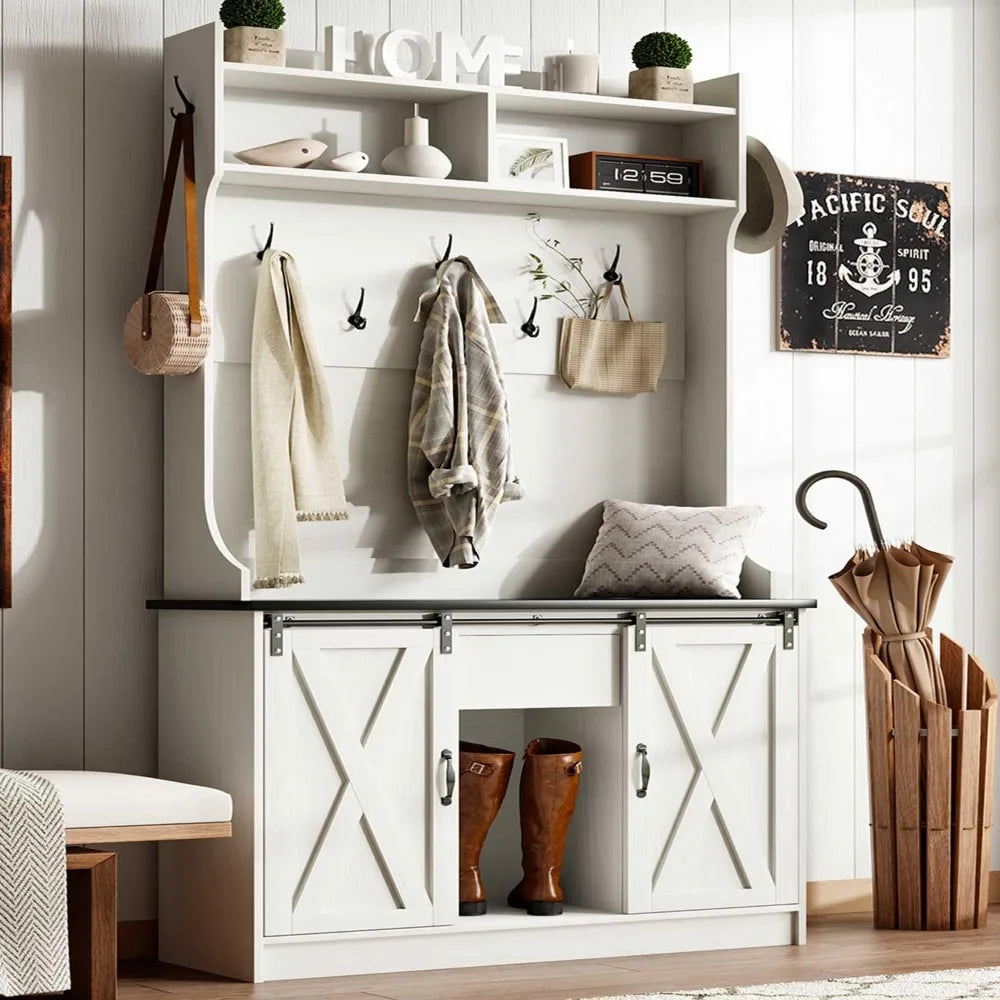 Farmhouse Style Hall Tree with Bench and Shoe Storage Adjustable Shelf and Barn Doors This would be Great In a Entryway or Mudroom.