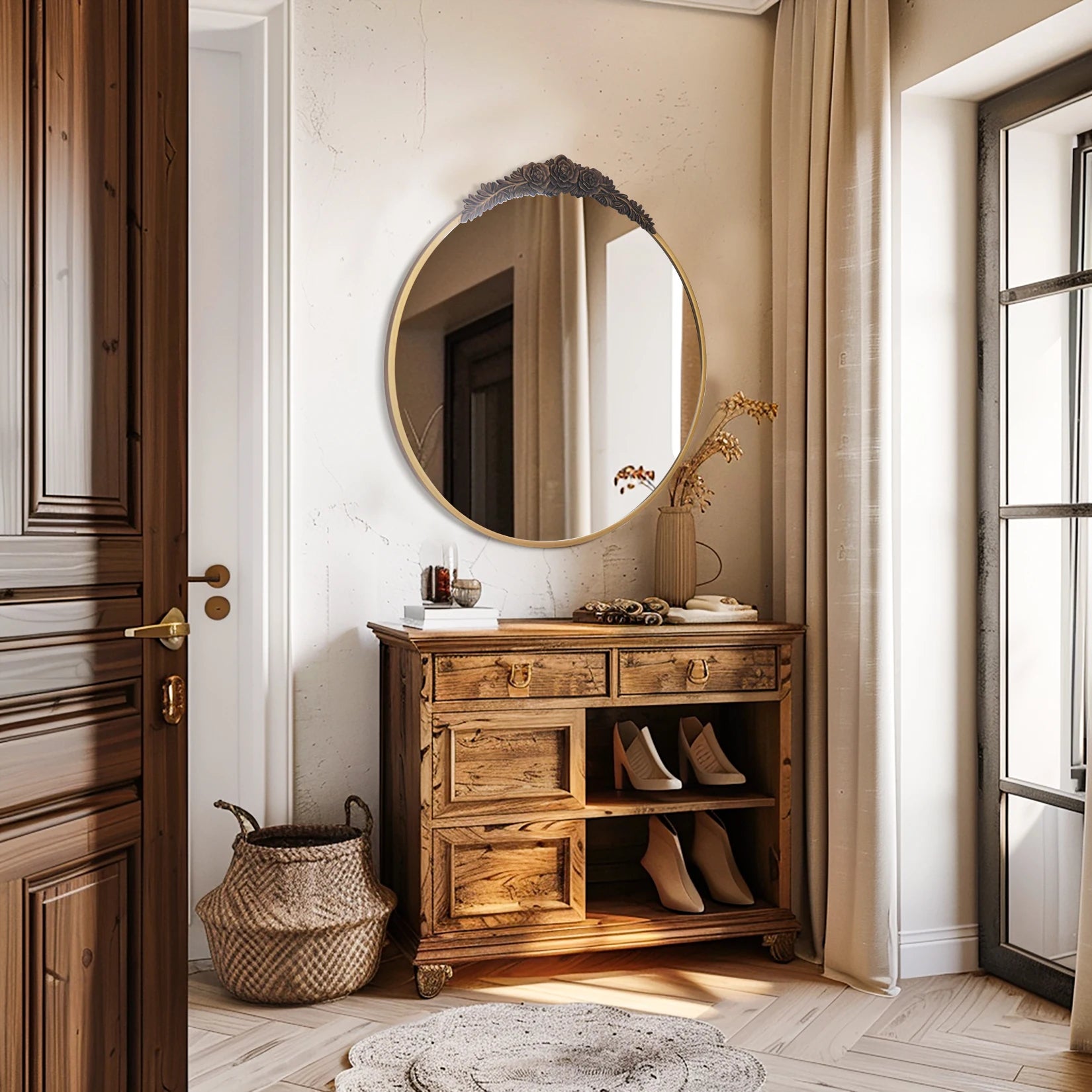 Vintage Baroque Brass Wall Mirror Resin Rose Top Metal Frame Bathroom, Living Room , Bedroom Accent Mirror Venetian Decor.