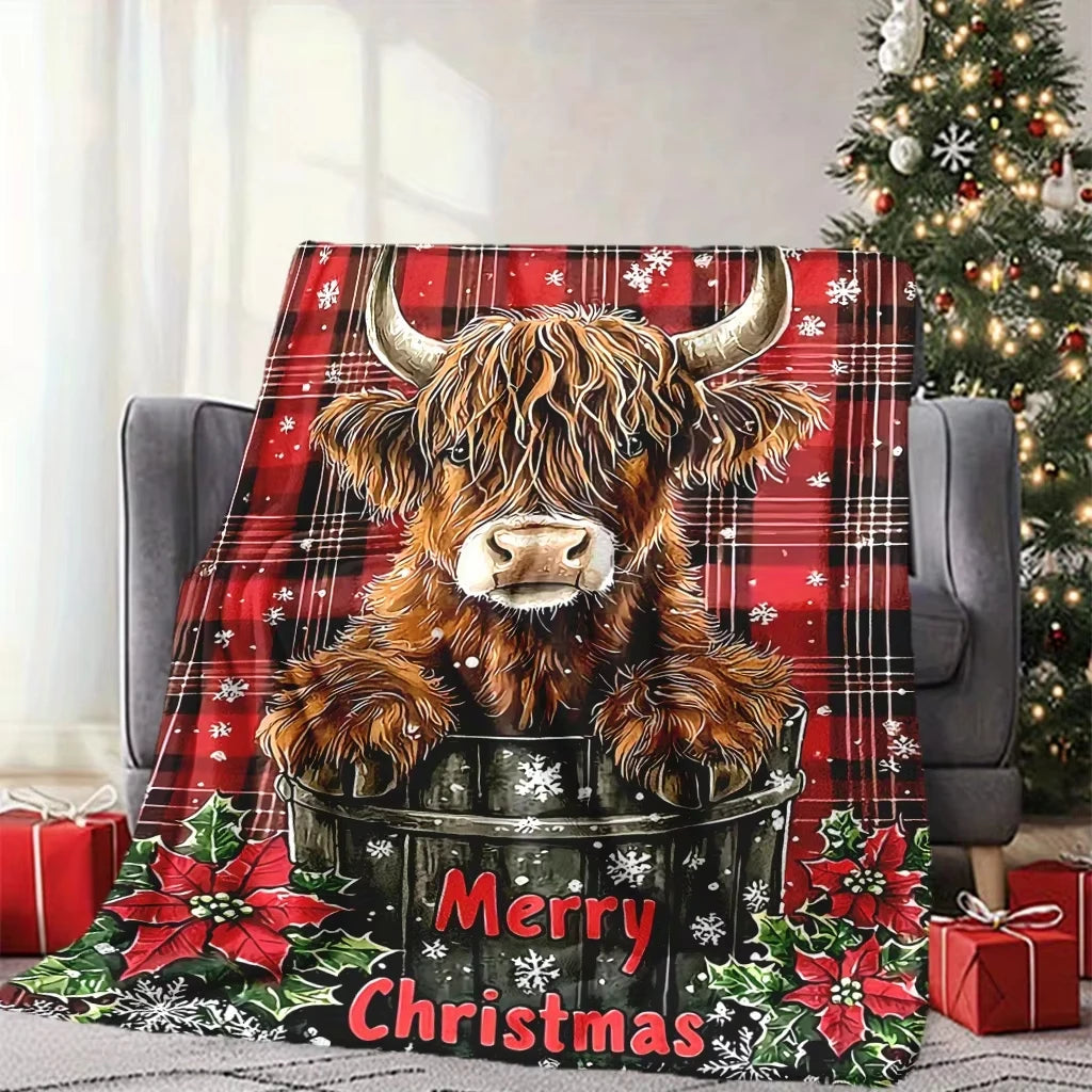 Soft Warm Christmas Highland Cow And Snowflake Flannel Blanket Cozy Festive and The Cow is Too Darn Cute! Multiple Sizes to Choose From.