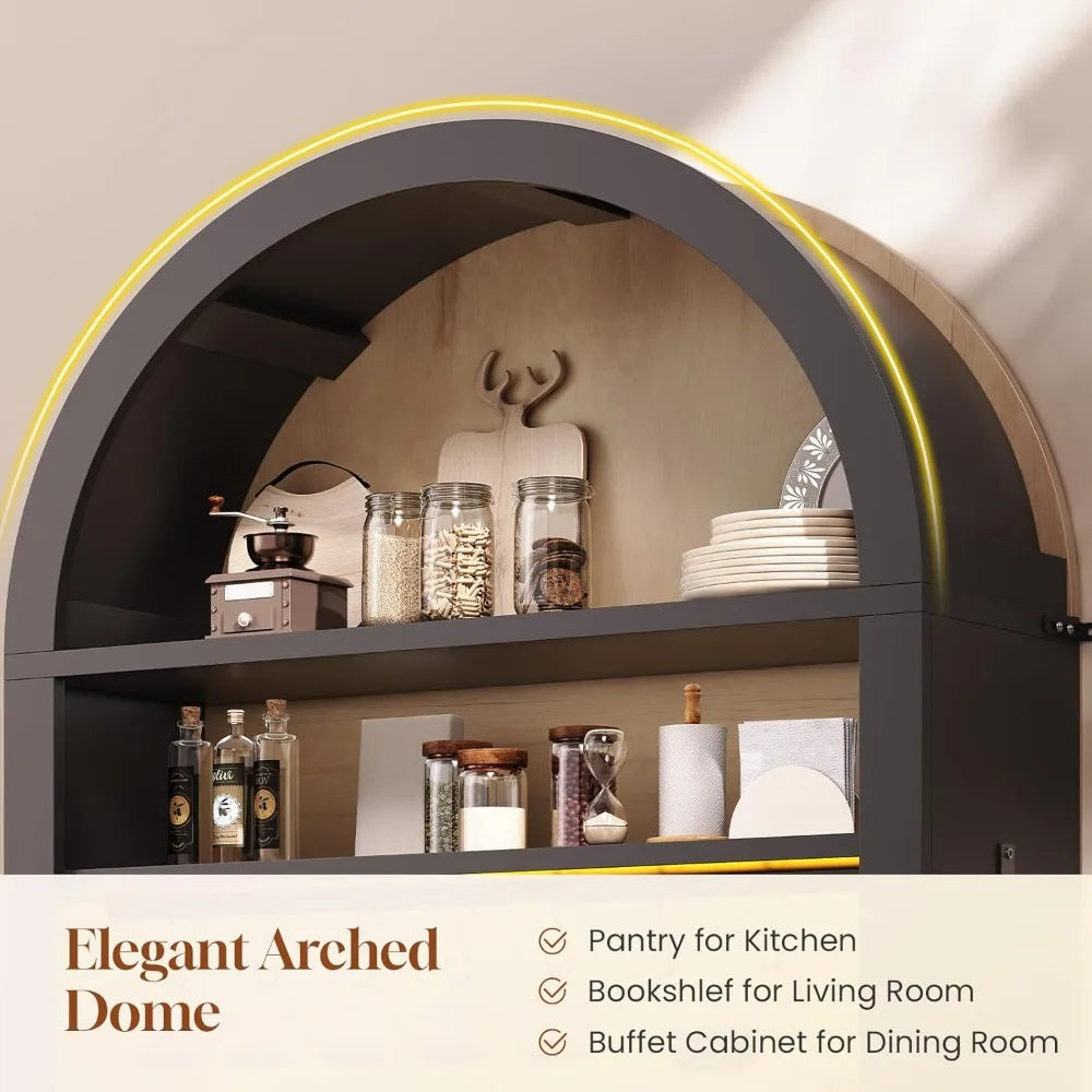 73" Tall Arched Bakers Rack with Power Outlet and LED Light, Farmhouse Coffee Bar Cabinet, Kitchen Microwave Stand. Multiple Finishes and Attractive Features.