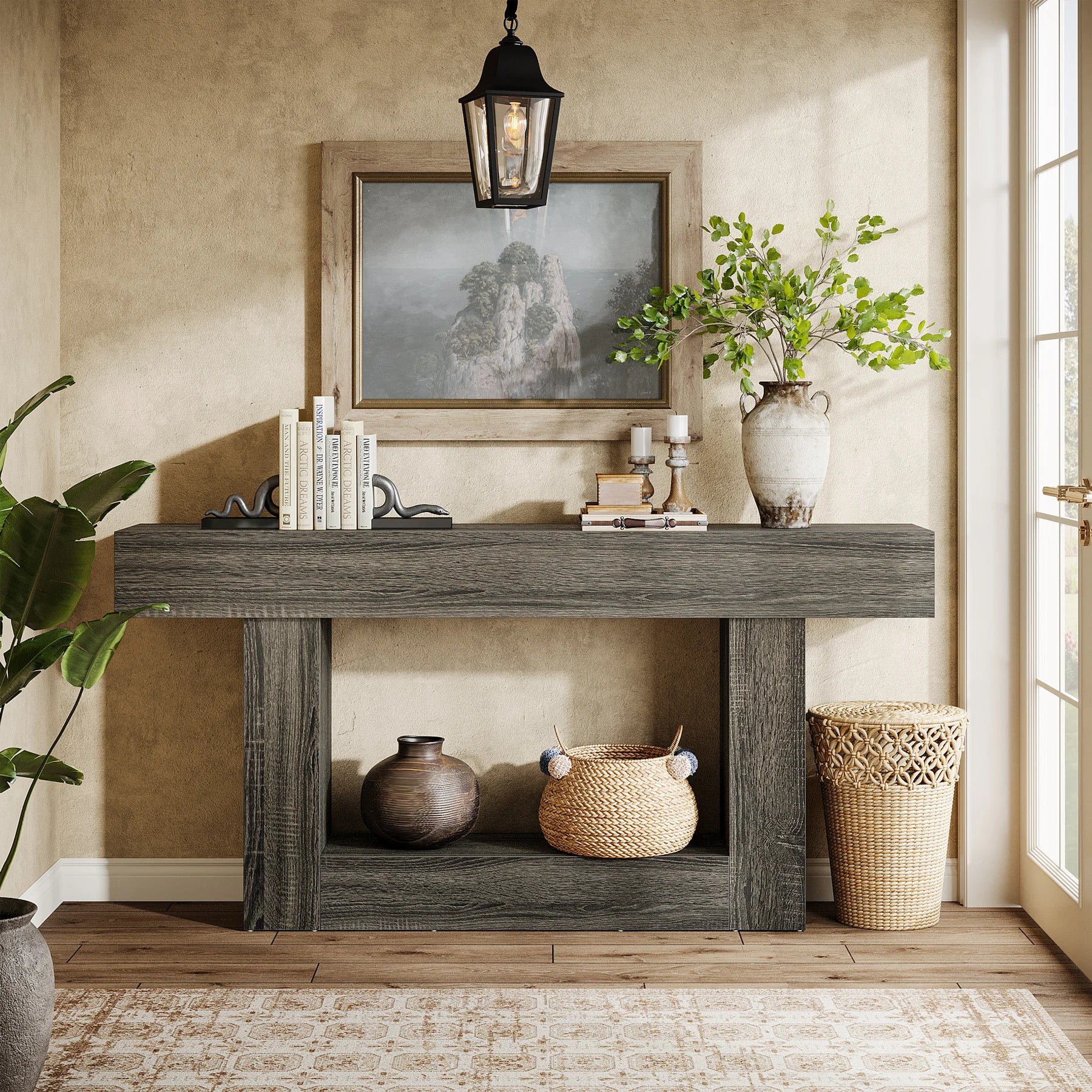 Modern  Farmhouse 2-Tier Entryway Table with U-Shaped Base, Narrow Long Wood Sofa Table. 63 inches tall.. Uniquely Stunning Design. Several finishes to choose from.