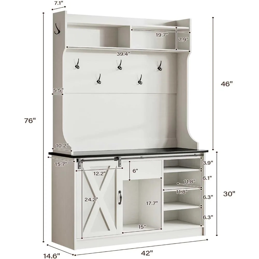 Farmhouse Style Hall Tree with Bench and Shoe Storage Adjustable Shelf and Barn Doors This would be Great In a Entryway or Mudroom.