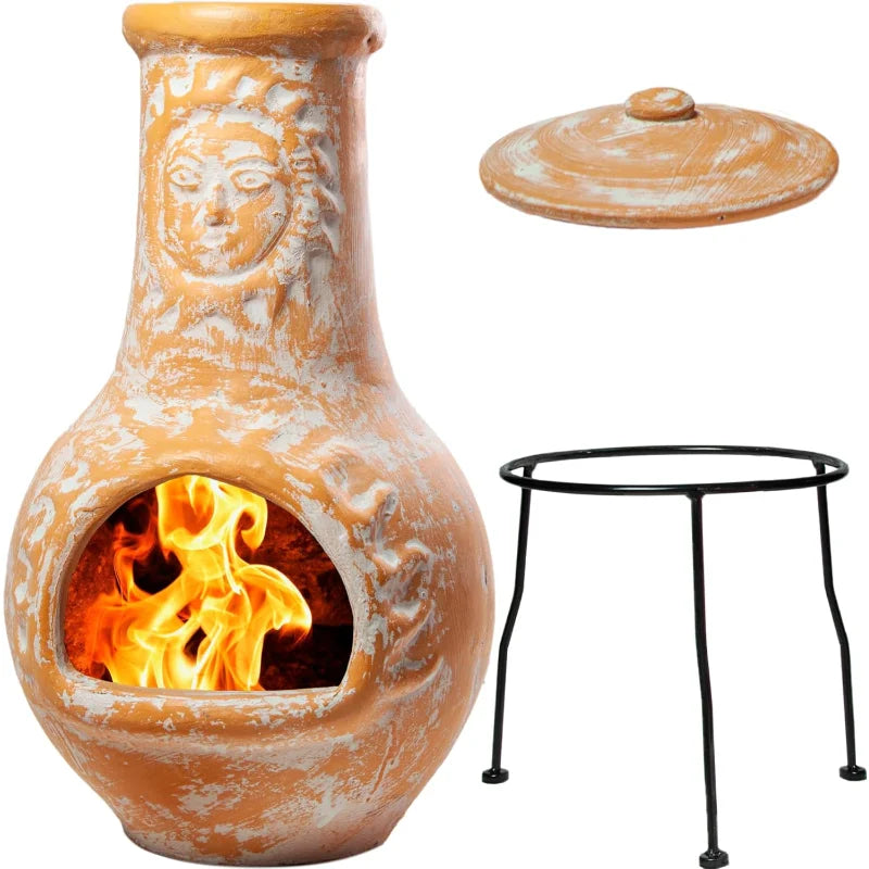 Medium Chiminea Outdoor Fireplace Clay Chimineas with Chimney Rain Lids and Solid Metal Stands - Yellow Terracotta Chimenea. Perfect Addition to your Patio.