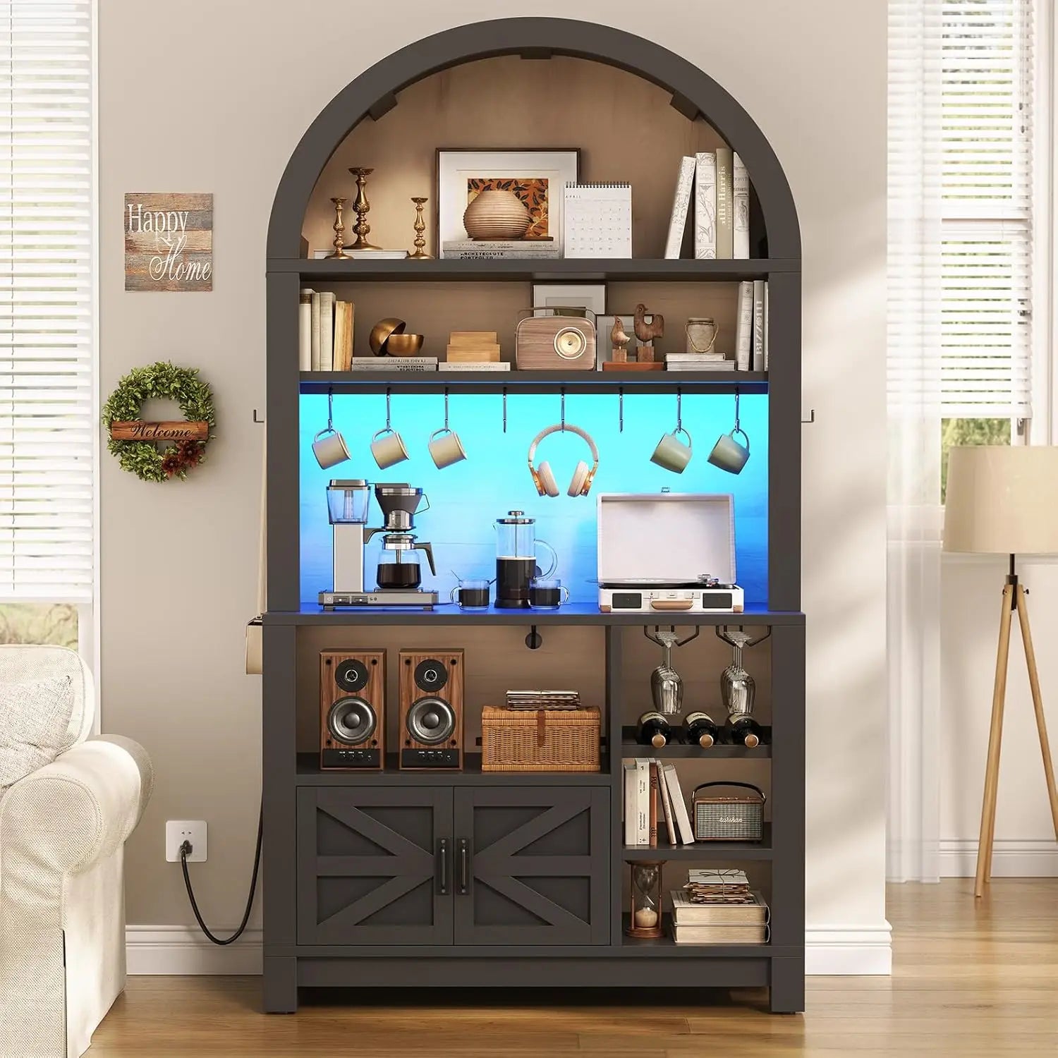 73" Tall Arched Bakers Rack with Power Outlet and LED Light, Farmhouse Coffee Bar Cabinet, Kitchen Microwave Stand. Multiple Finishes and Attractive Features.