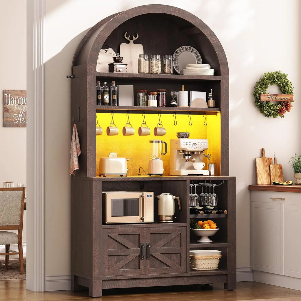 73" Tall Arched Bakers Rack with Power Outlet and LED Light, Farmhouse Coffee Bar Cabinet, Kitchen Microwave Stand. Multiple Finishes and Attractive Features.