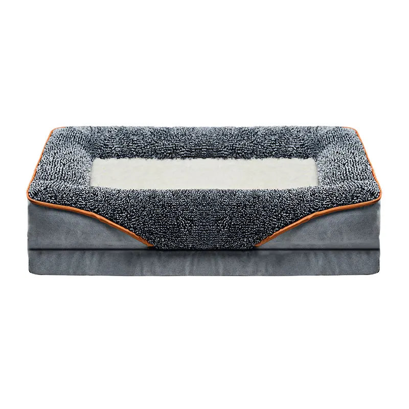 An oversized dog bed comfortable and soft. Washable liner. Multiple Sizes. and color combinations. Both Functional and Attractive.