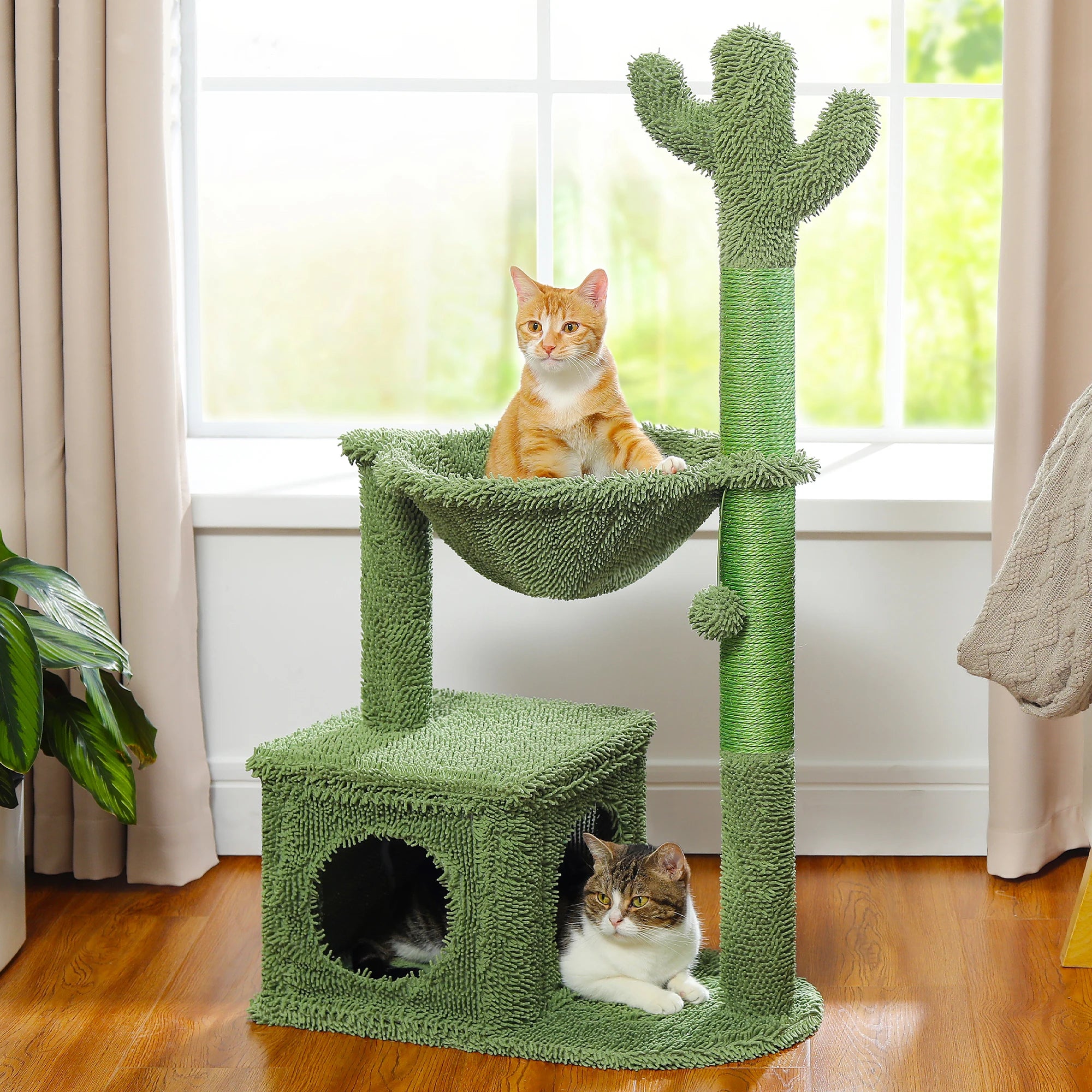 Cactus Cat Tree with Large Condo, Hammock, Dangling Ball and Cat Scratching Post for hours of indoor fun and shenanigans.