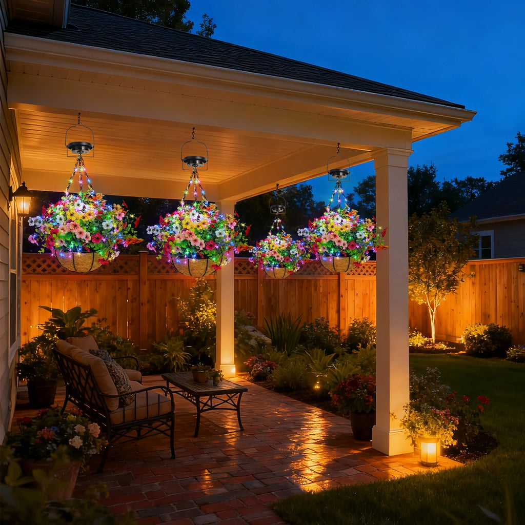 Solar-Powered Hanging Flower Basket Lights Outdoor Patio and Garden Lighting .