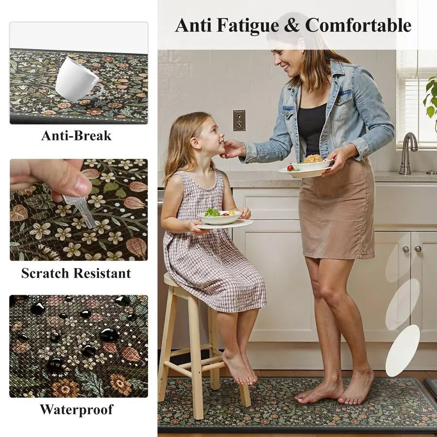 2PCS, Cushioned Anti Fatigue Mat Non Slip Waterproof Kitchens Sink Rug, Vintage Spring Floral Rugs ..These  will Save Your Frrt and Legs!
