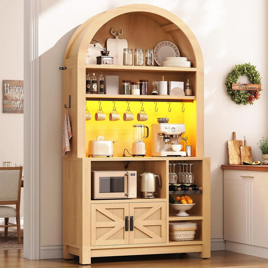 73" Tall Arched Bakers Rack with Power Outlet and LED Light, Farmhouse Coffee Bar Cabinet, Kitchen Microwave Stand. Multiple Finishes and Attractive Features.