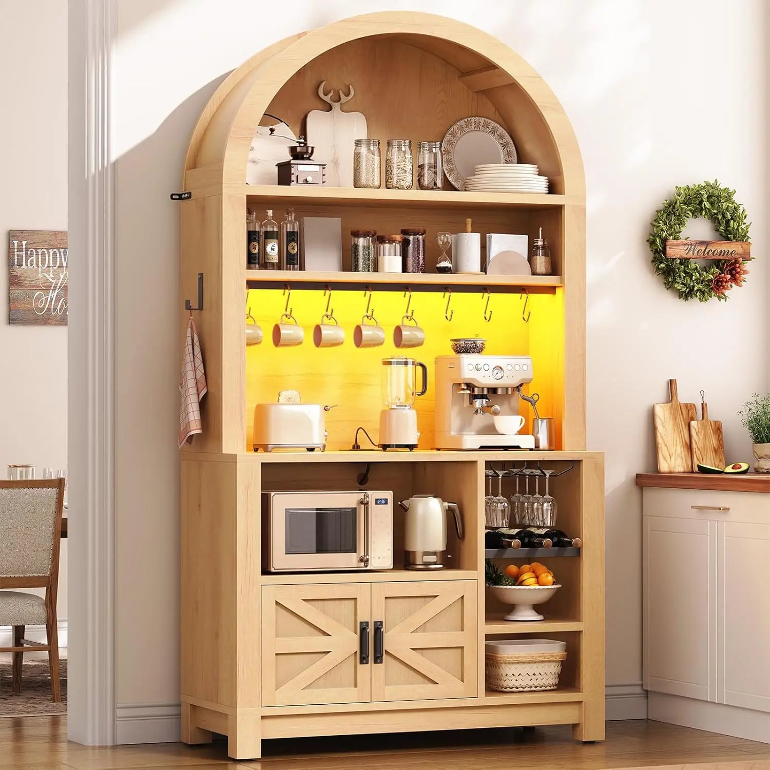 73" Tall Arched Bakers Rack with Power Outlet and LED Light, Farmhouse Coffee Bar Cabinet, Kitchen Microwave Stand. Multiple Finishes and Attractive Features.