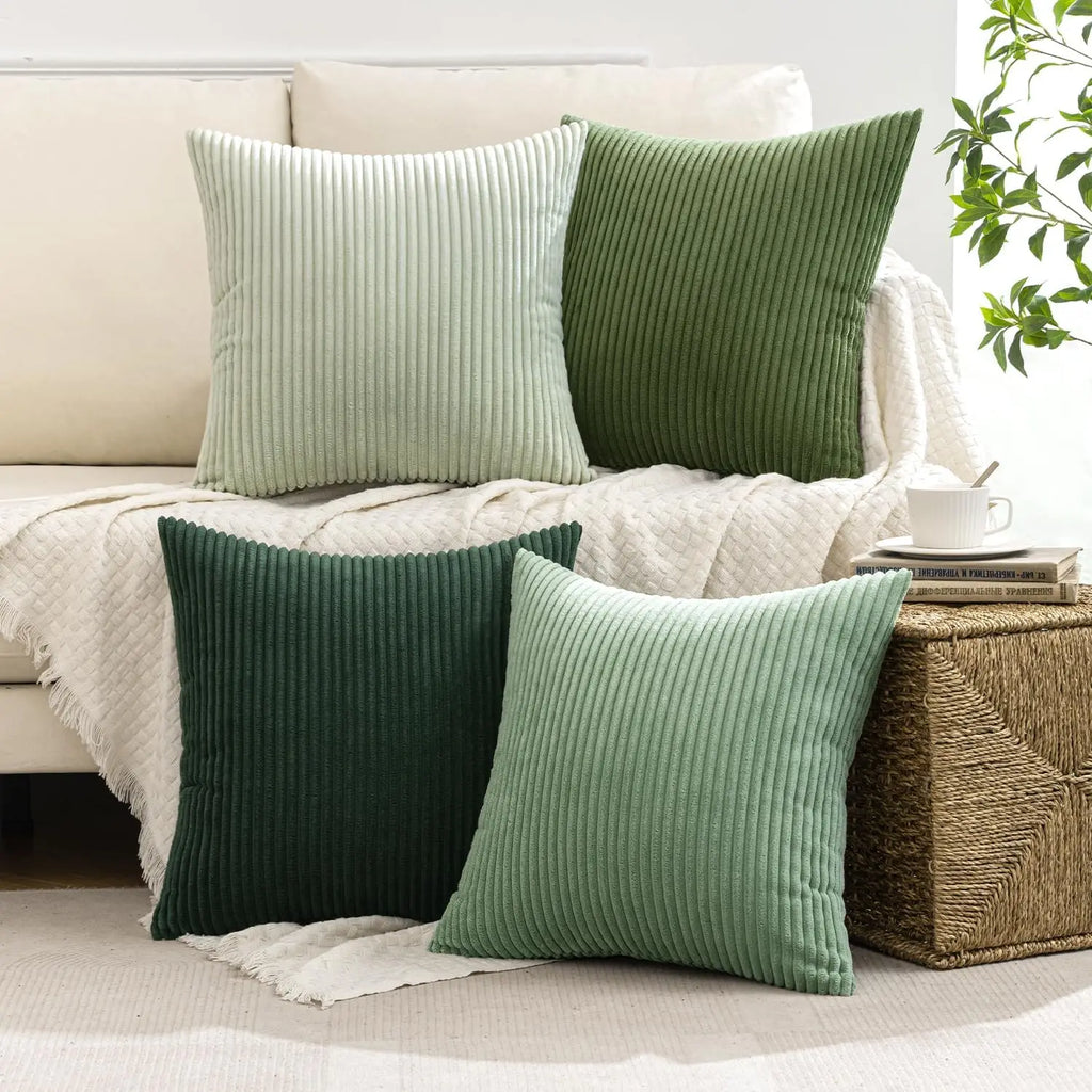 Boho Farmhouse Sage Green Throw Pillow Covers 18x18 Inch Set of 4 Soft Corduroy Home Decor