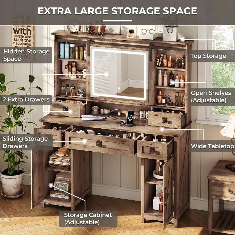 Vanity Desk with Lights, 47.2" Farmhouse Vanity Table with Sliding Mirror & Charging Station,