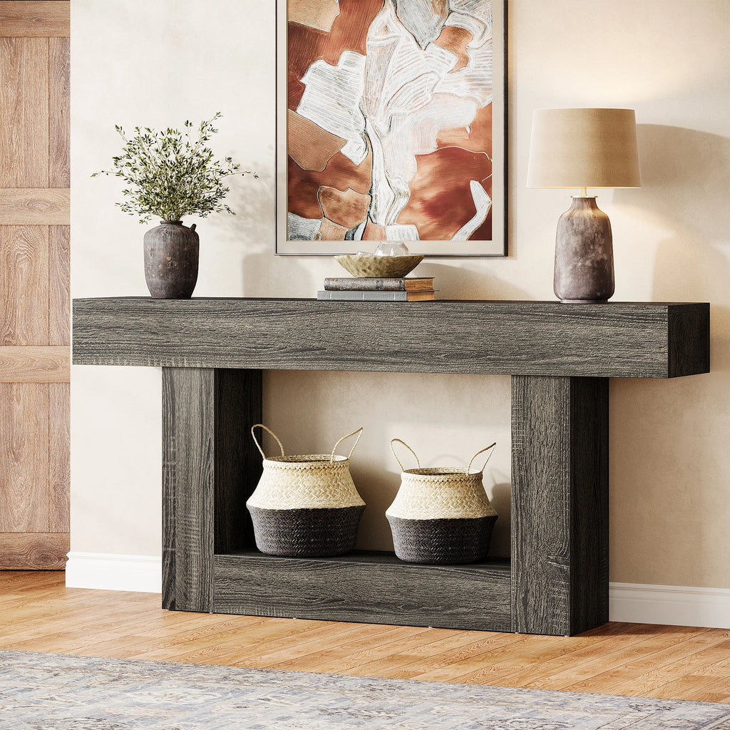 Modern  Farmhouse 2-Tier Entryway Table with U-Shaped Base, Narrow Long Wood Sofa Table. 63 inches tall.. Uniquely Stunning Design. Several finishes to choose from.