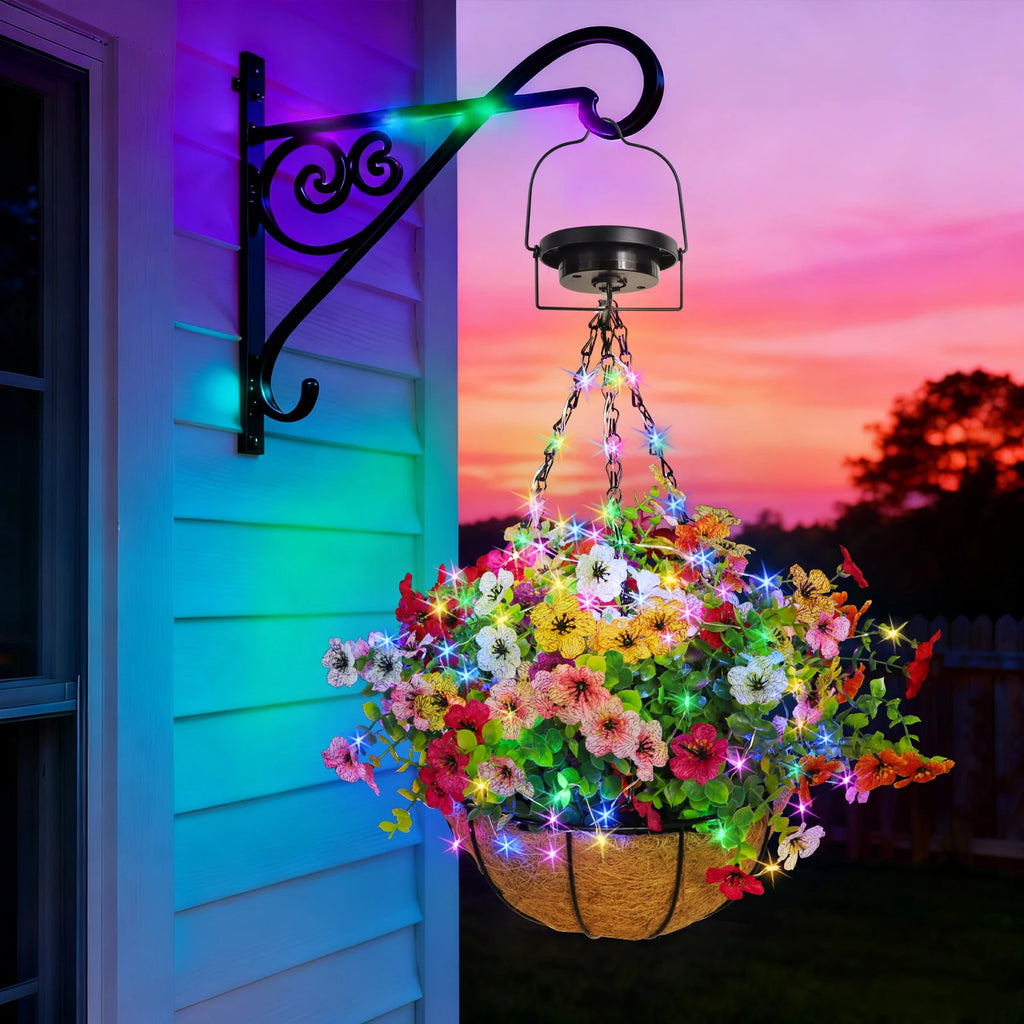 Solar-Powered Hanging Flower Basket Lights Outdoor Patio and Garden Lighting .