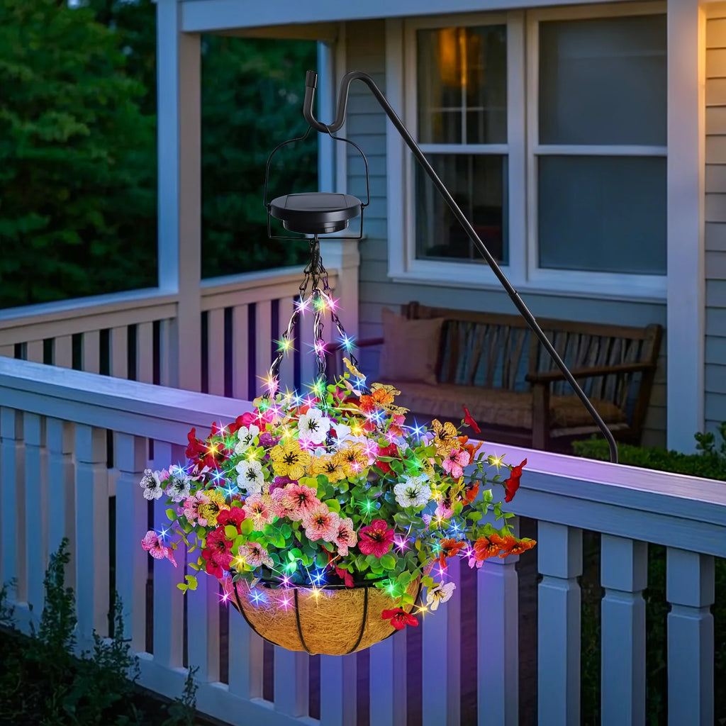 Solar-Powered Hanging Flower Basket Lights Outdoor Patio and Garden Lighting .