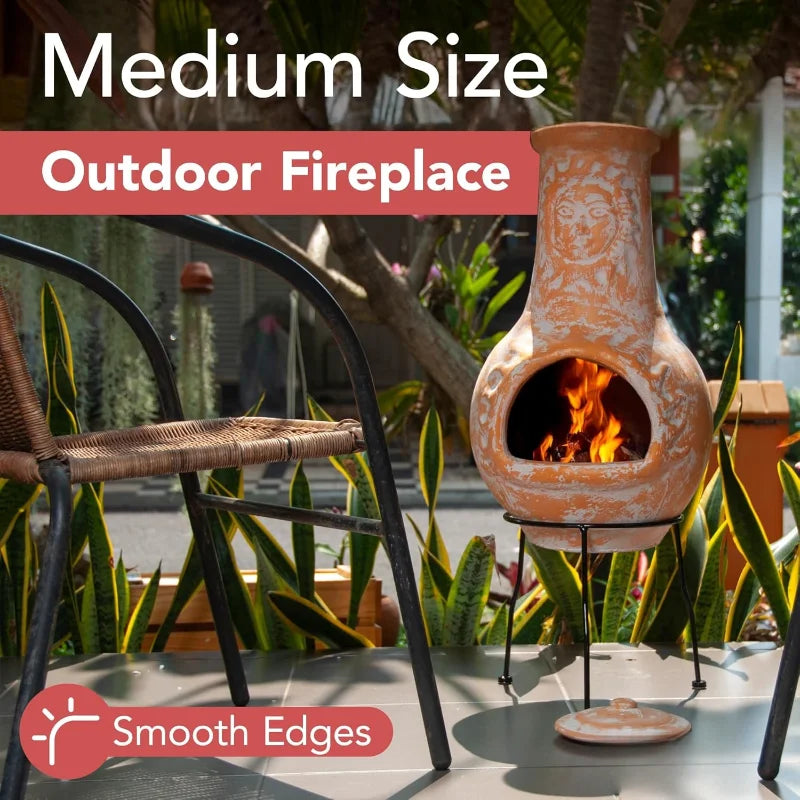 Medium Chiminea Outdoor Fireplace Clay Chimineas with Chimney Rain Lids and Solid Metal Stands - Yellow Terracotta Chimenea. Perfect Addition to your Patio.