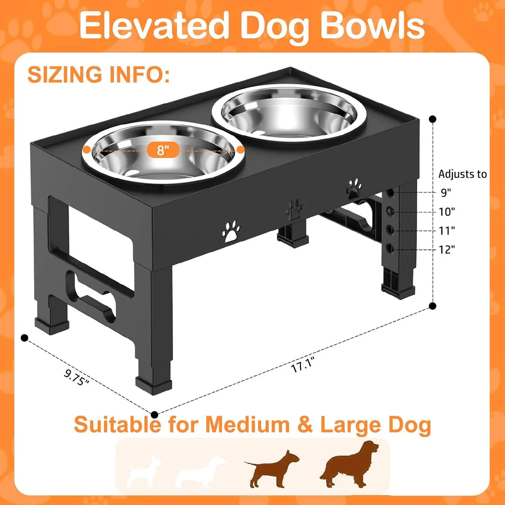 Adjustable Height Raised Dog Bowl Stand with 2 Stainless Steel Bowls, Non-Slip Feeder for Medium Large Dogs. Grows with Your Fur Baby.