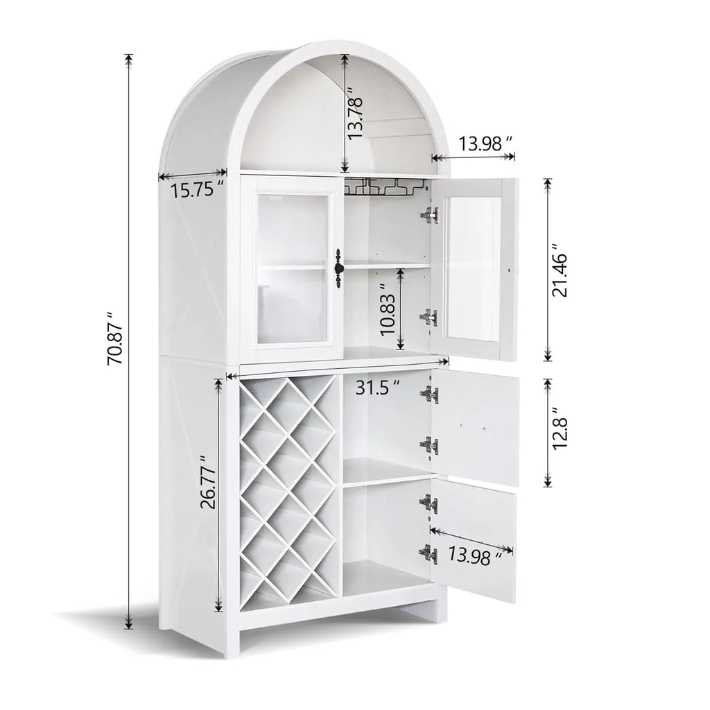 Farmhouse Style Arched Bar Cabinet with Glass Doors, 71" Tall Wine Storage Cabinet with Stemware Rack, Wine Rack and Storage.  Both Functional and Beautiful.