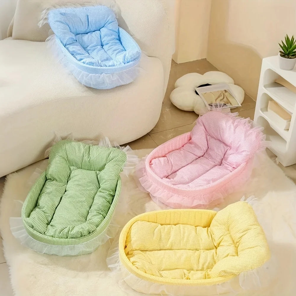 CUTENESS OVERLOAD!  Cute Lace-Trimmed Pet Bed.  Soft Polyester Plush Oval for Small Dogs/Cats, Easy Assembly Indoor Use