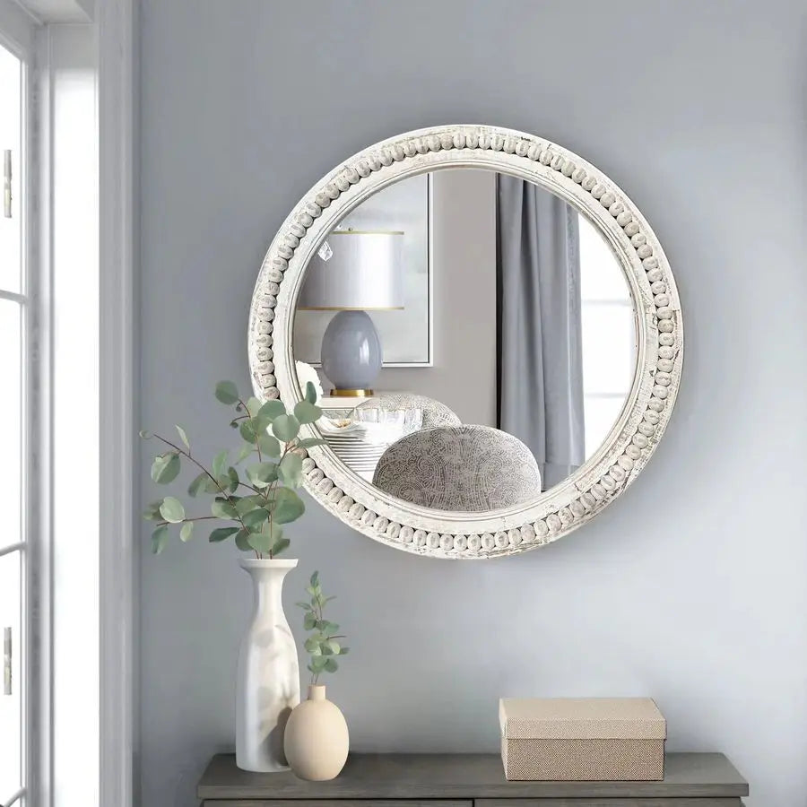 Round Wall 24 Inch White Wood Beaded Circle Mirror. Makes a Beautiful Accent  to any Room in Your Home.  Decorative Farmhouse Mirror for Living Room, Bedroom, Bathroom, or in an Entryway. Love This! Would Look Beautiful with