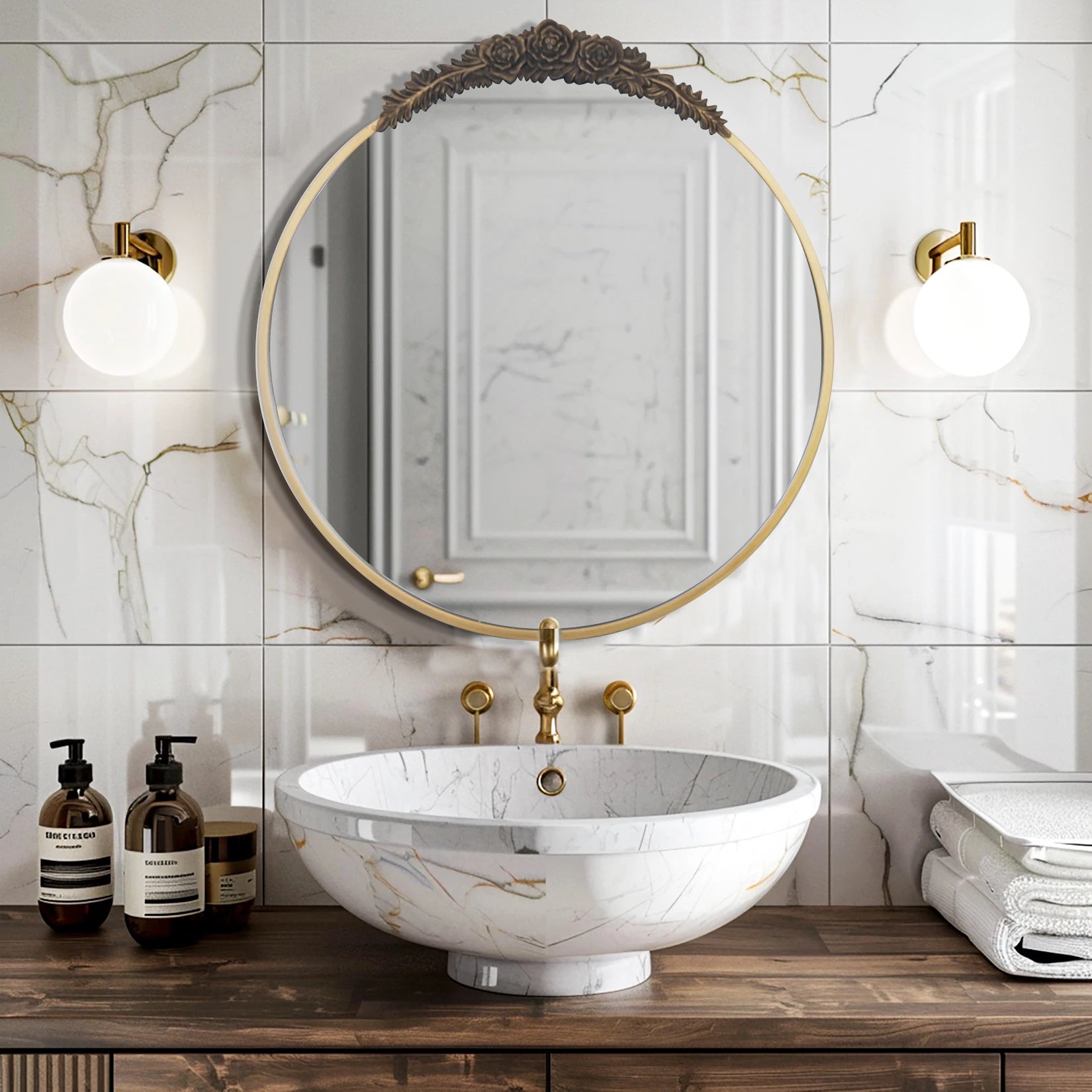 Vintage Baroque Brass Wall Mirror Resin Rose Top Metal Frame Bathroom, Living Room , Bedroom Accent Mirror Venetian Decor.