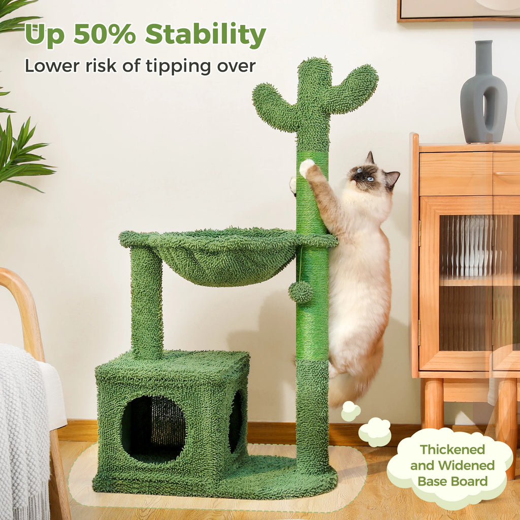Cactus Cat Tree with Large Condo, Hammock, Dangling Ball and Cat Scratching Post for hours of indoor fun and shenanigans.