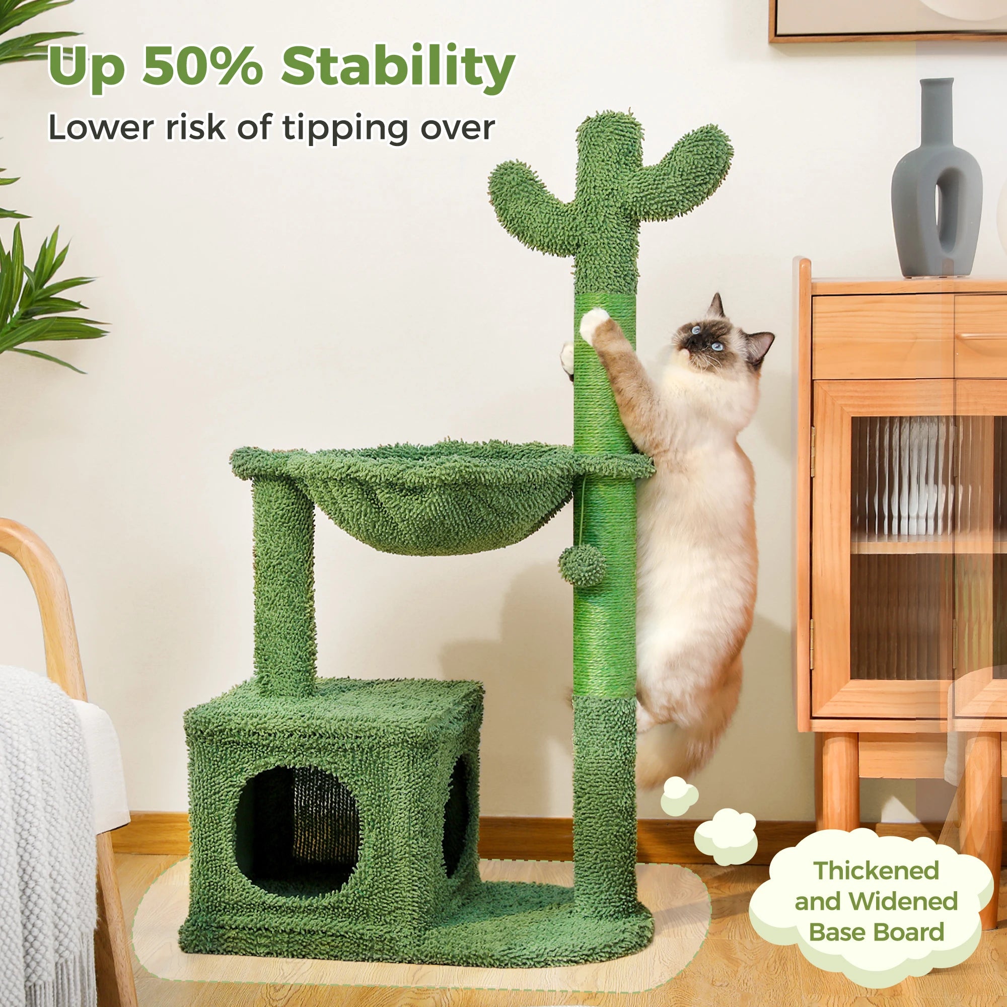 Cactus Cat Tree with Large Condo, Hammock, Dangling Ball and Cat Scratching Post for hours of indoor fun and shenanigans.