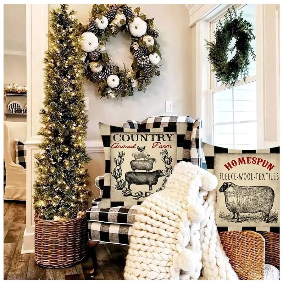 Rustic Farmhouse Pillow Covers Farm Animal Throw Pillow Case Bordered in a Buffalo Plaid. Great as an Accent in any Room.