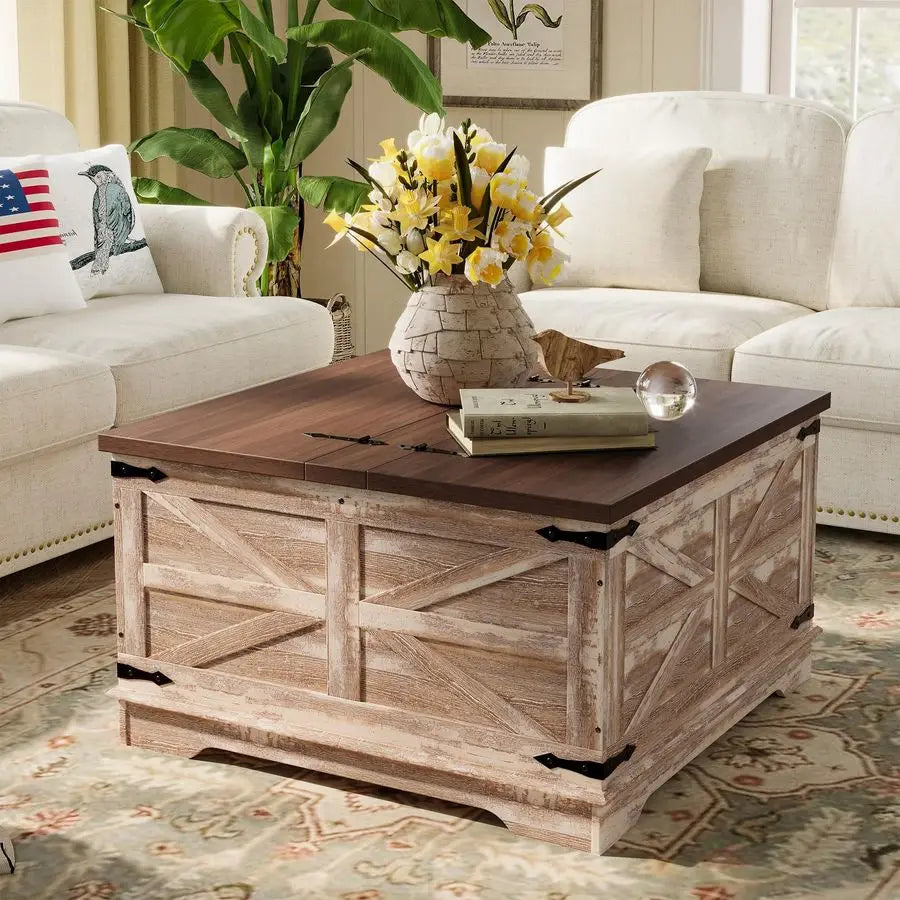 Farmhouse Style Heavy Duty Coffee Table with Storage, Square Wood Center Table Set for Living Room with Pull Up Large Lid.