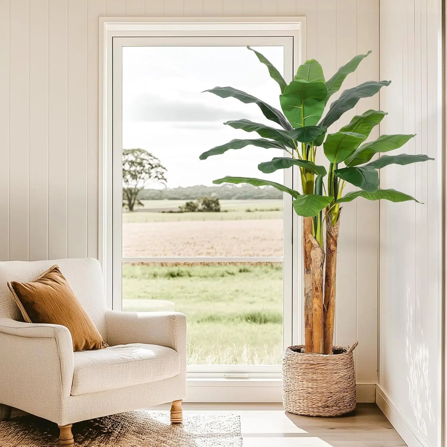 Artificial Banana Tree with Grey Planter. You Can Have Best of Both Worlds with this Beauty. A Beautiful Tropical plant that Needs N0 WATER!  I'm In!!