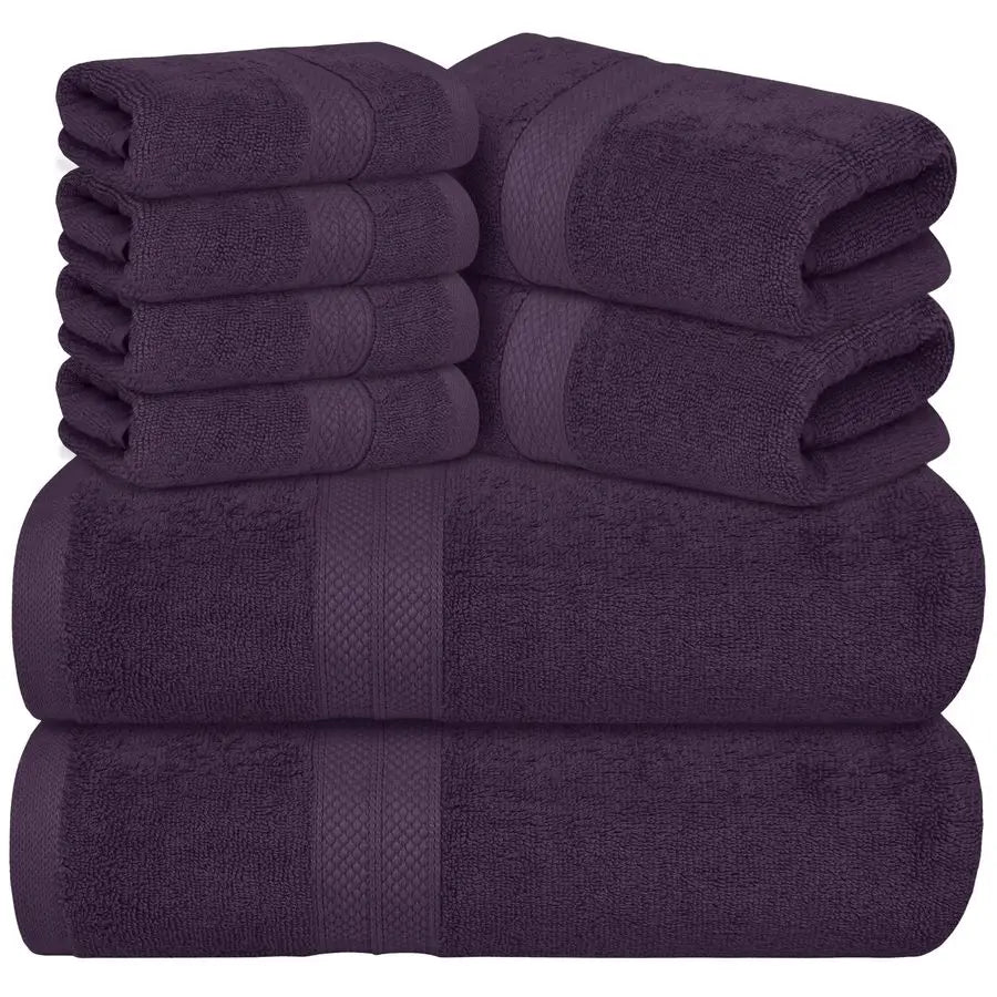 Luxury 8 Piece Plum Towels Set, 2 Bath Towels, 2 Hand Towels and 4 Washcloths, 600 GSM 100 Ring Spun Cotton Highly Absorbent. Striking Color.