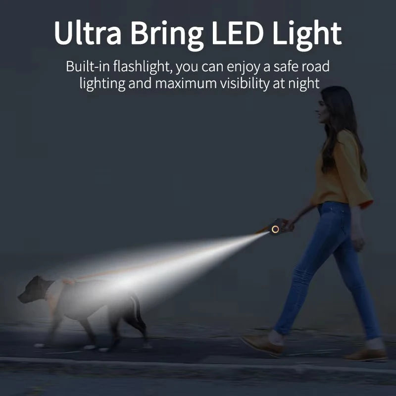 5M Automatic Retractable Dog Leash with Led Flashlight . Wished I thought of this!!   The light helps Illuminate your walking path and make you visible to cars.